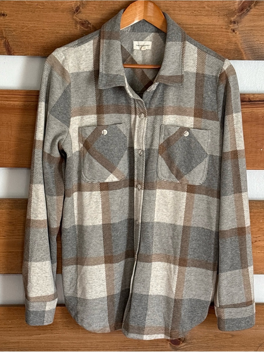 Thread & Supply Women's Soft Flannel Button Down Shades of Brown Square Plaid L